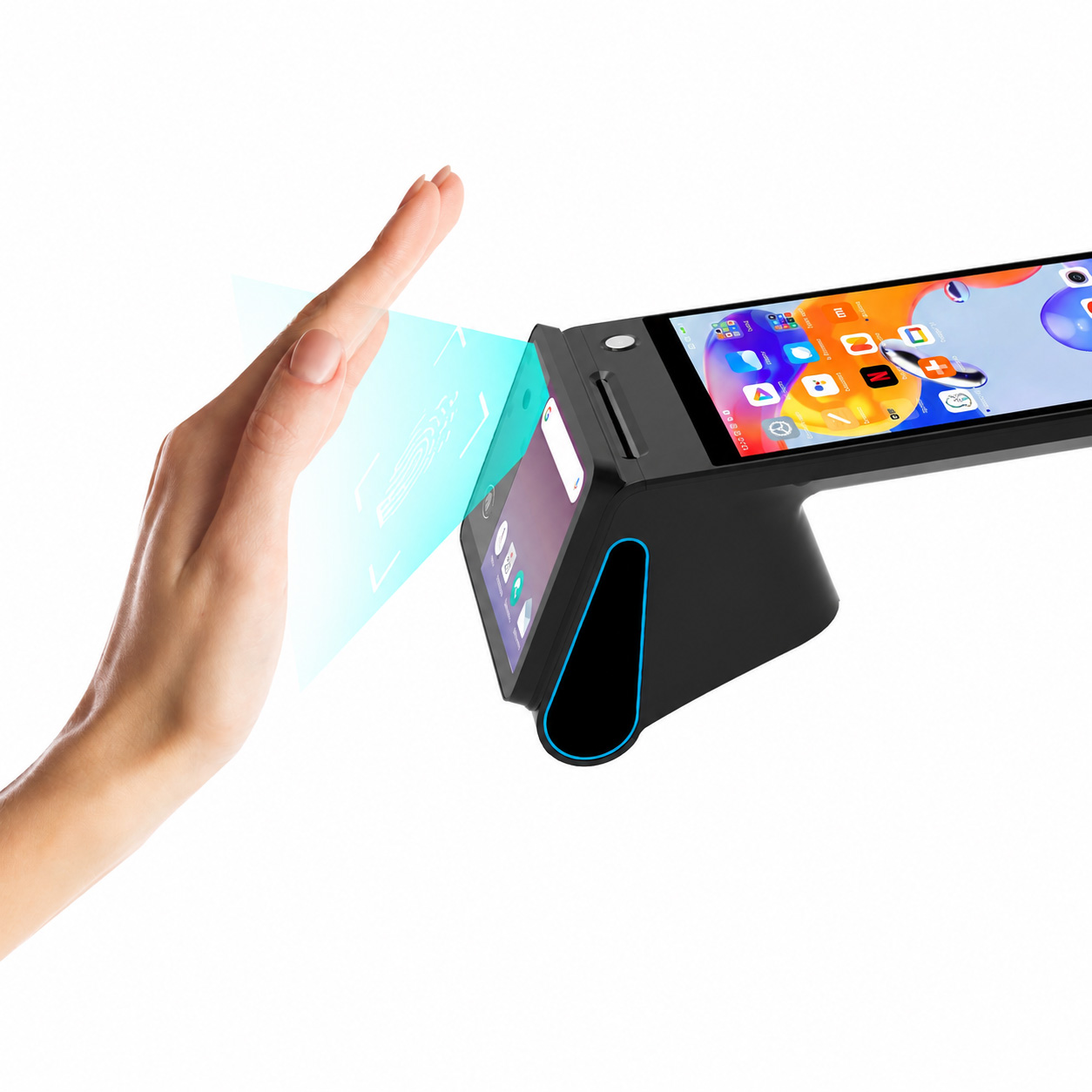 Terminal pos portátil de reconhecimento de veia de palma de alta segurança android 14 com impressora térmica 4g wifi bt5.0 z150p
